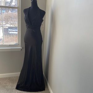Black Satin and Beaded Gown with Matching Scarf
